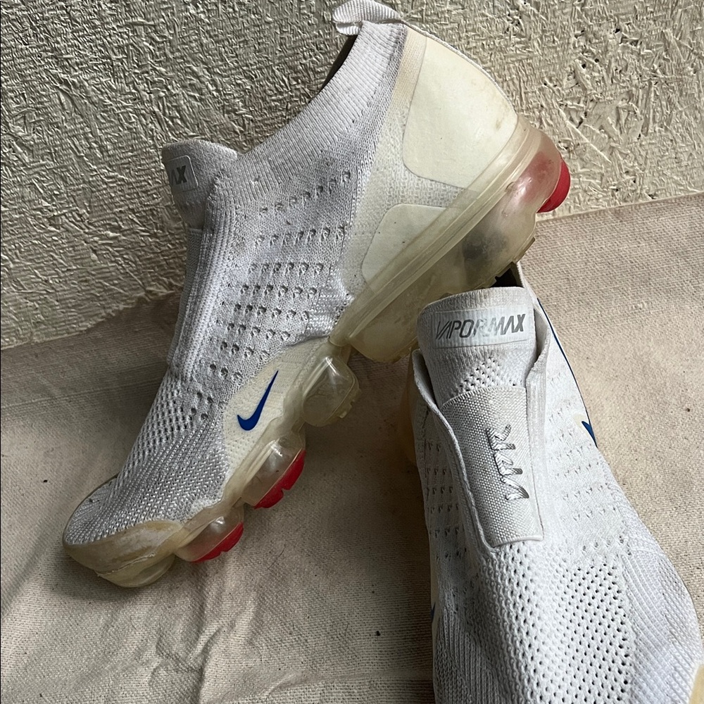 Nike White Knit Slip-On Vapormax with Blue Swoosh and Red Air Pods
